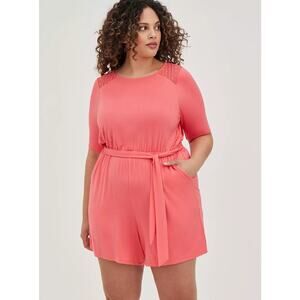 Torrid Womens 2X Super Soft Tie Front Romper Soft Coral Pockets Lace Preppy